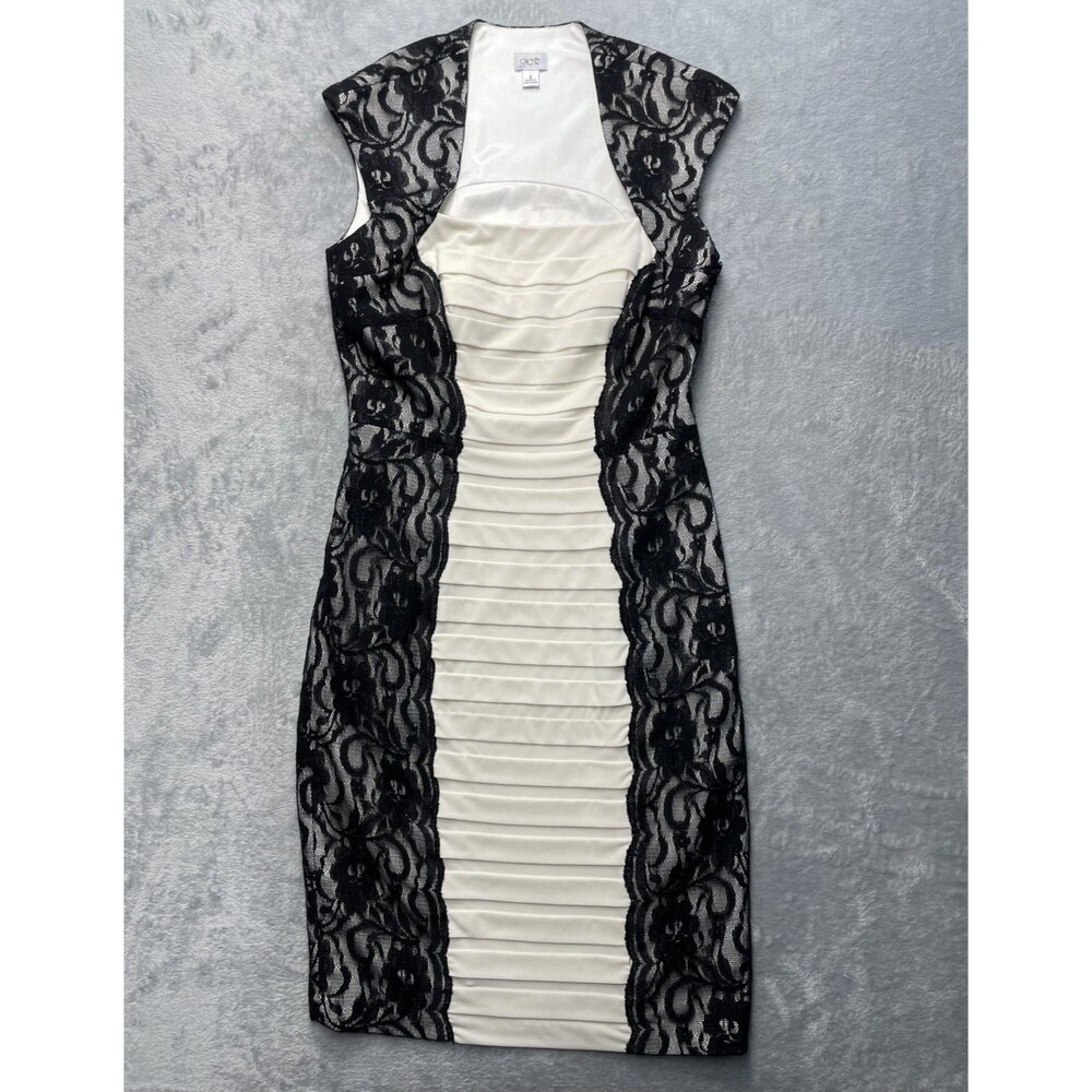 VTG Cache Ivory Black Lace Trim Pleated Professional Evening Dress Women 2